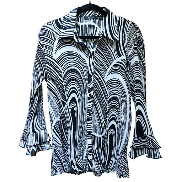 Y2K- Essentials by Milano Blouse L – Black White Abstract Swirl – Ruffle Cuff - Picture 1 of 5